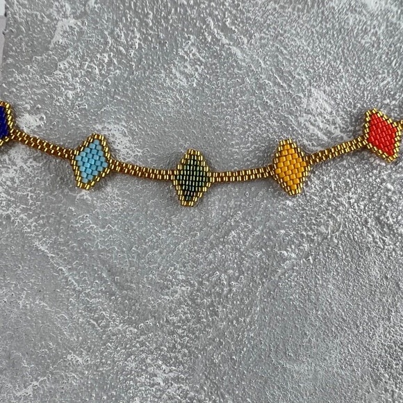 Colorful Beaded Geometric Choker - Trendy Gold Choker - Handmade Necklace - Picture 4 of 4